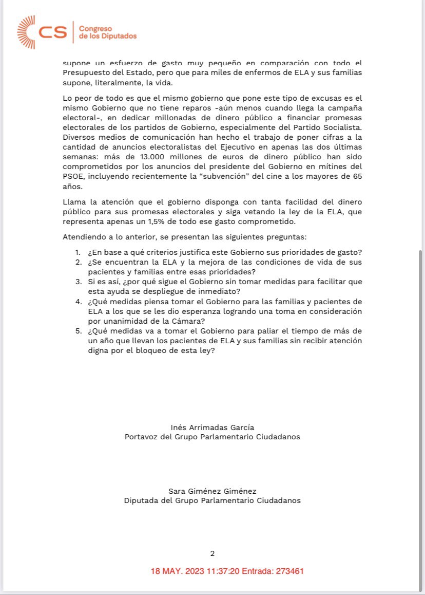 El Gobierno sigue bloqueando la #LeyELA que sacamos adelante con la unanimidad de todos los grupos de la Cámara.

Hemos preguntado al ejecutivo sobre sus prioridades de gasto y si mejorar las condiciones de vida de las personas con ELA y sus familiares es una de ellas.