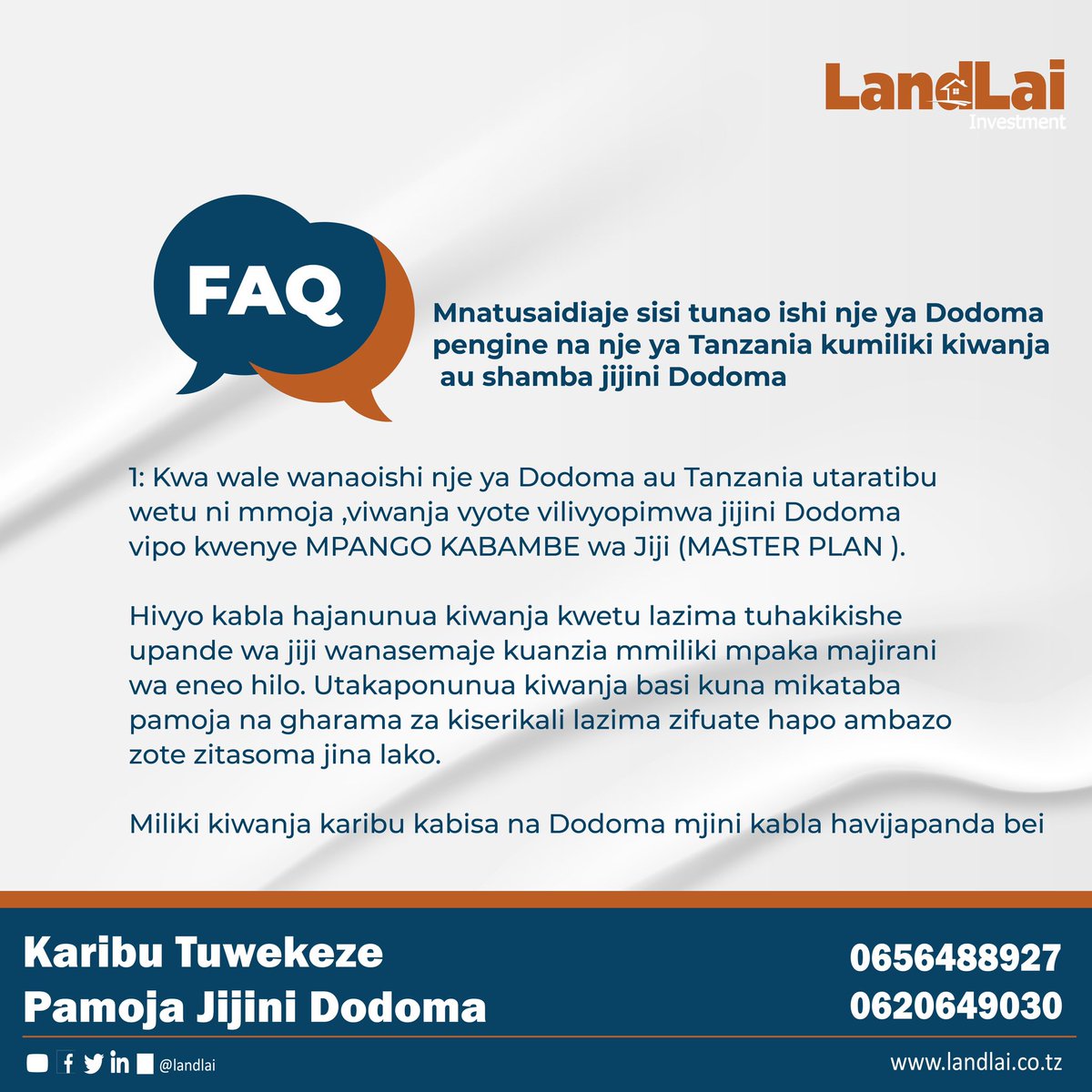 LandLai_'s tweet photo. Kama upo nje ya Tanzania(diaspora) au nje ya Dodoma na unahitaji kiwanja basi usiwe na shaka juu ya hilo.
Sisi tutakushauri kulingana na uwekezaji unaotaka kuufanya iwe kwaajili ya makazi au biashara.

Karibu sana @landlai__investment tuwekeze pamoja🥂

#letsinvesttogether https://t.co/B2yGol9bpq