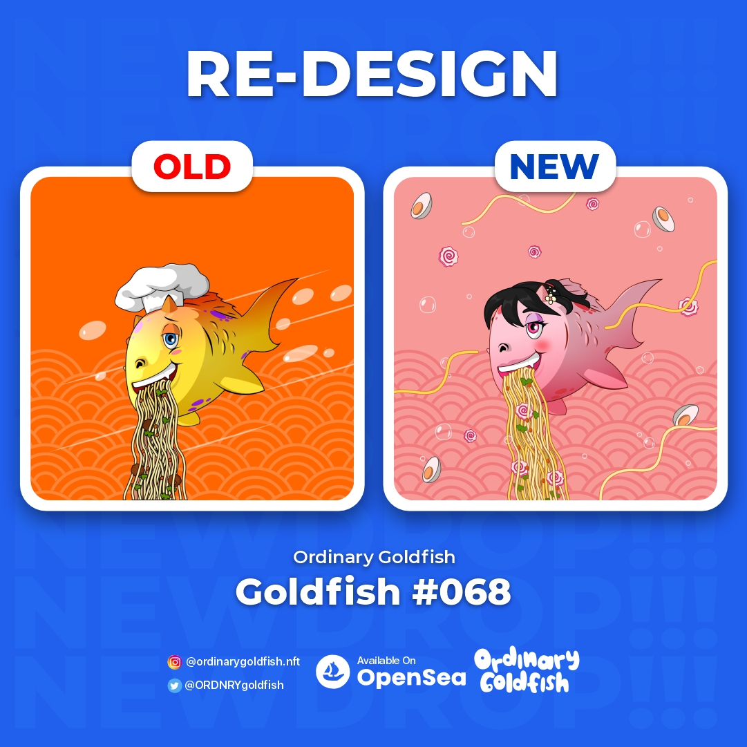 🎨RE-DESIGN🎨

Helloo Fam!
to make it looks better and cuter we decided to do a bit re-design to Goldfish #068 🍜. what do you think guys? do you like it? 🍜🍜

You can check it here :
opensea.io/assets/matic/0…

Noodle lovers must see this 👀👀

#NFTCommunity #NFTartist