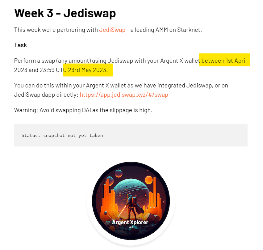 CryptoDuck_TH's tweet photo. อัพเดต Week 3 : Argent X - Xplorer NFT
.
ให้ swap เหรียญใน Argent X Wallet หรือ swap ที่ @JediSwap ก็ได้ครับ เพราะมันคืออันเดียวกัน
.
ระยะเวลา นับตั้งแต่ 1 เมษายนที่ผ่านมา จนถึง 23 พ.ค.นี้
👉 https://t.co/A0lPSnM7PX
(ตอนนี้ยังเคลมได้แค่ NFT จาก week 1) https://t.co/K0xVSgtQc2
