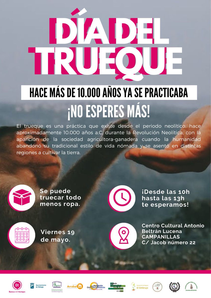BdTMalaga's tweet photo. ¡Mañana tenemos una cita 💃! Celebraremos el Día del Trueque en el Centro Cultural Antonio Beltrán Lucena en Campanillas. Desde las 10h a las 13h estaremos allí ¡Animaos! 🤲 https://t.co/pHnAQbKKN9