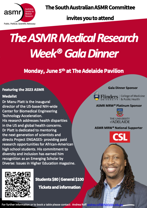 Register now for the ASMR Medical Research Week® South Australian Gala Dinner to hear from Dr Manu Platt, the 2023 ASMR Medalist! 🎙️

asmr.org.au/asmr-mrw/south…

📅 5 June 2023
🏢 Adelaide Pavilion