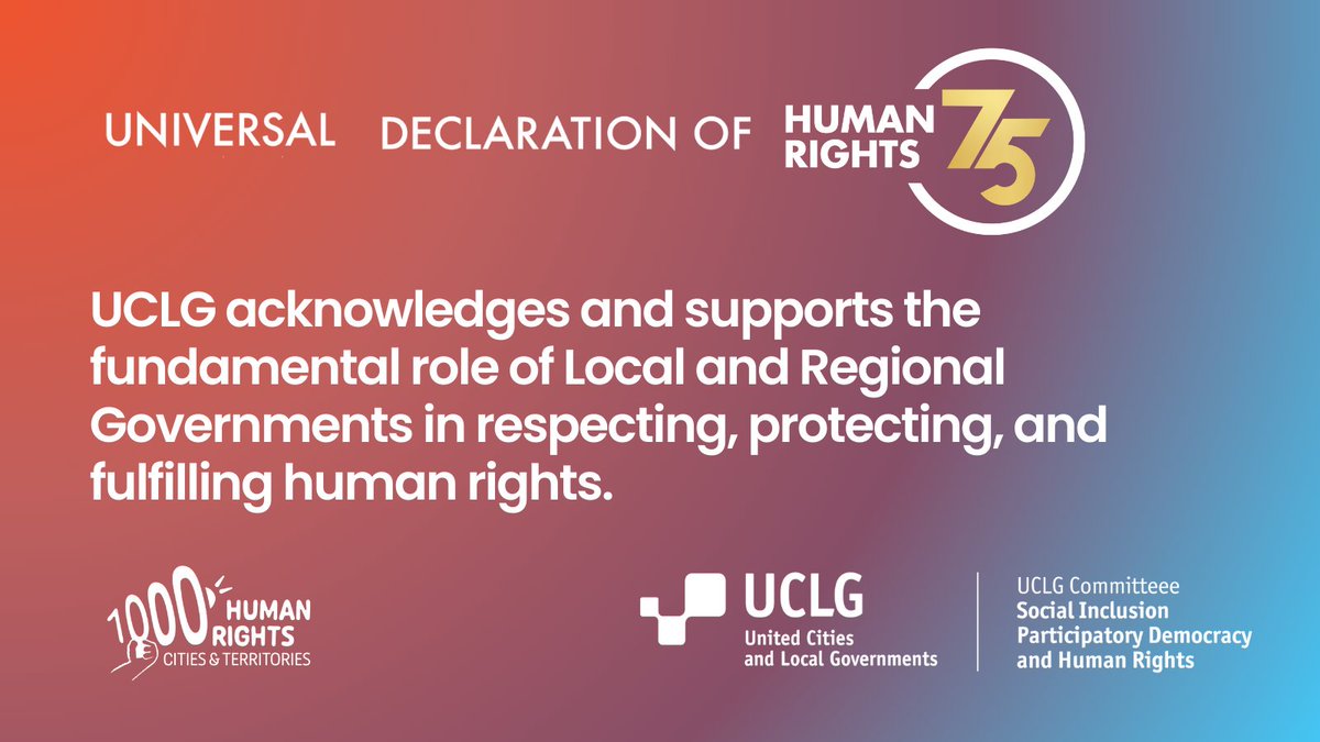 📣@uclg_org acknowledges and supports the fundamental role of Local and Regional Governments in respecting, protecting, and fulfilling human rights 

📲#StandUp4HumanRights #CitiesAreListening #HumanRights75 #UDHR

@UNHumanRights
📷uclg-cisdp.org/en/news/join-h…