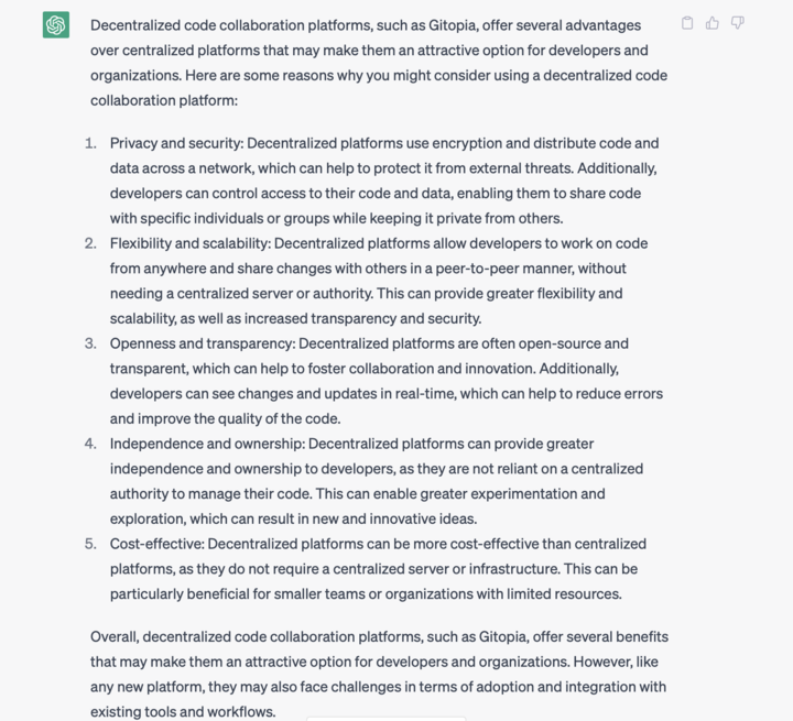 gitopiaintern's tweet image. gm developers☀️

ChatGPT also knows decentralised code collaboration is a smarter choice, do you?