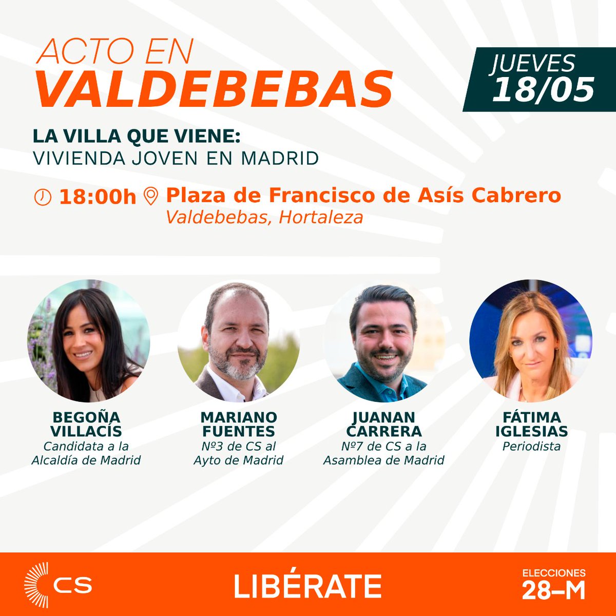 CsHortaleza's tweet image. 🏘 @begonavillacis, @MarianoFuentesS y @Juanan87 explicarán nuestras propuestas para ayudar a los jóvenes a tener un hogar  

📍 A las 18:00h. en Plaza de Francisco de Asís Cabrero en Valdebebas en nuestro distrito de Hortaleza