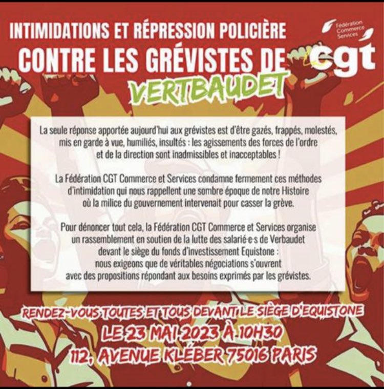 ✊Soutien aux travailleuses et travailleurs de Verbaudet en lutte

✊Défense de la Convention n°87 de l’OIT sur la liberté syndicale ratifiée par la France

✊Halte aux violences policières et patronales

 #Greve #Verbaudet #Cgt #ViolencesPolicieres #Salaires #Democratie #Macron