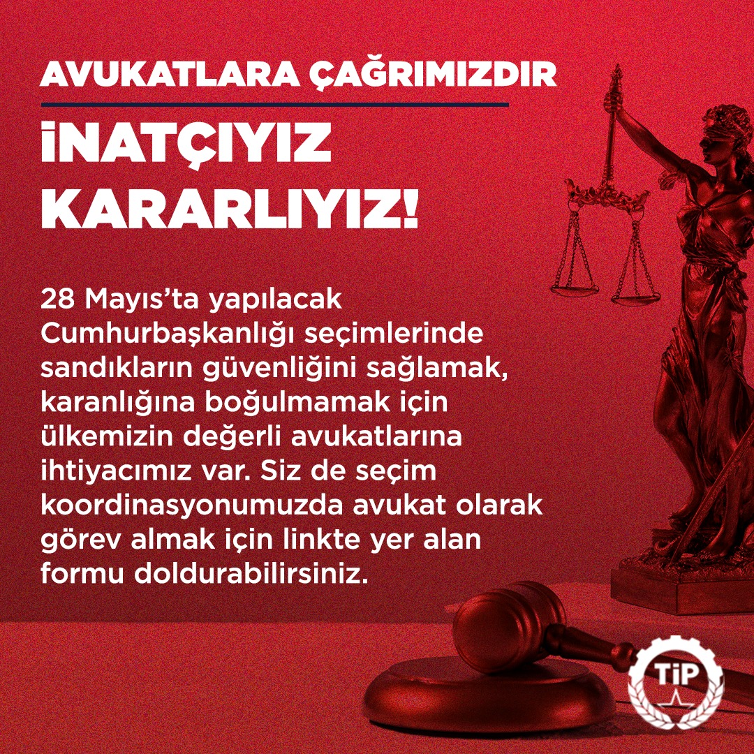 Avukatlara Çağrımızdır

28 Mayıs'ta yapılacak Cumhurbaşkanlığı Seçimleri'nde sandıkların güvenliğini sağlamak için ülkemizin değerli avukatlarına ihtiyacımız var. Siz de seçim koordinasyonumuzda avukat olarak görev almak için linkte yer alan formu doldurabilirsiniz.