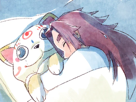 こんちゃんぬいを抱きしめて寝る蜻蛉切