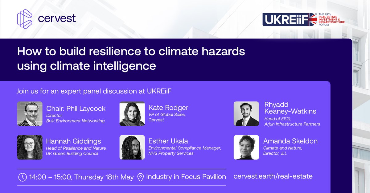 Cervest (@cervestearth) on Twitter photo 🌞 What’s your #UKREiiF2023 schedule looking like for today? 
If you can make it, we’d love for you to join us for a panel discussion about overcoming the barriers to understanding and acting on #ClimateRisk.
⏰ 2PM BST
📅 Today
📍 Industry in Focus Pavillion at #UKREiiF 🌞 What’s your #UKREiiF2023 schedule looking like for today? 
If you can make it, we’d love for you to join us for a panel discussion about overcoming the barriers to understanding and acting on #ClimateRisk.
⏰ 2PM BST
📅 Today
📍 Industry in Focus Pavillion at #UKREiiF