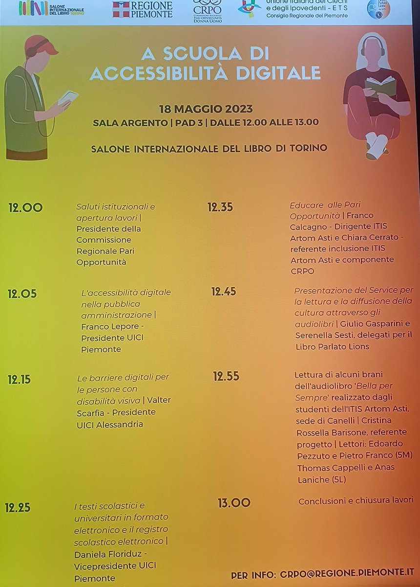 Al #SalTo23 in #SalaArgento si parla di #accessibilitàdigitale per le persone con #disabilitàvisiva, in collaborazione con la Commissione per le pari opportunità della <a href="/regionepiemonte/">Regione Piemonte</a>, con interventi di <a href="/uicpiemonte/">UICI Piemonte</a> e scolaresche. #piemontedavivere