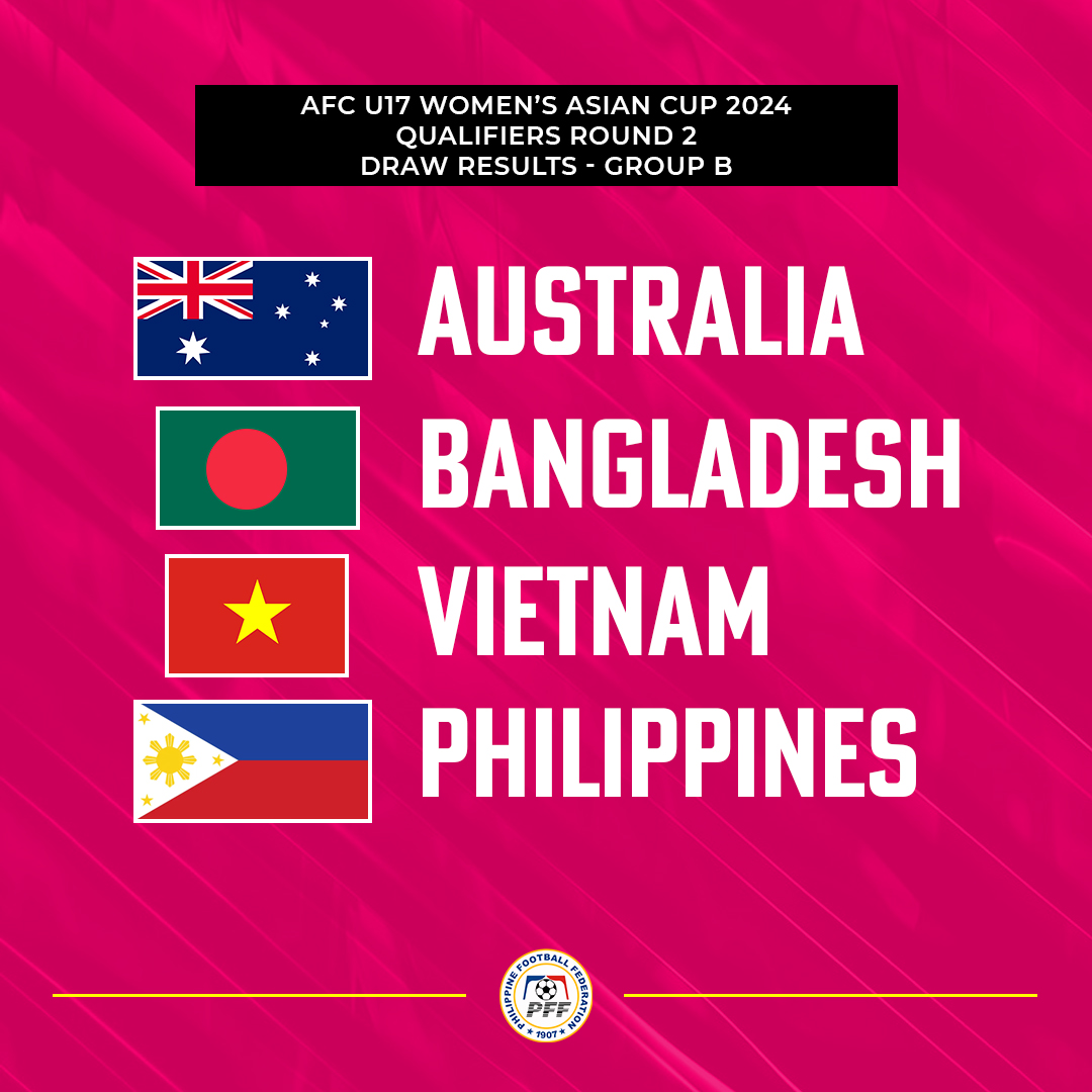 𝐅𝐢𝐥𝐢𝐩𝐢𝐧𝐚𝐬 🇵🇭 𝐔𝟏𝟕 𝐢𝐧 𝐆𝐫𝐨𝐮𝐩 𝐁 𝐟𝐨𝐫 𝐀𝐅𝐂 𝐔𝟏𝟕 𝐐𝐮𝐚𝐥𝐢𝐟𝐢𝐞𝐫𝐬 𝐑𝐨𝐮𝐧𝐝 𝟐

Our #FilipinasU17 will face Australia, Bangladesh, and Vietnam in the second round of the #U17WAC qualifiers to be held on September 2023!

#LabanFilipinas #ParaSaBayan