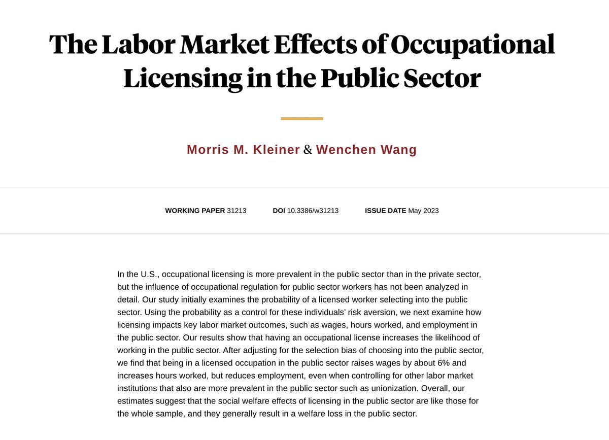 The #LaborMarket Effects of #OccupationalLicensing in the #PublicSector nber.org/papers/w31213 via @nberpubs