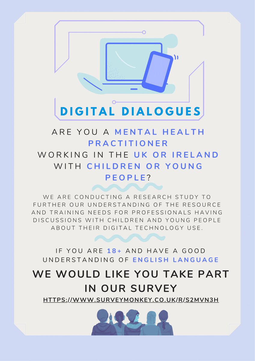 📢 Calling all mental health professionals working with young people!

Participate in this research survey 📋 exploring current guidance and training around asking about young people’s online use 👉 surveymonkey.co.uk/r/S2MVN3H

#MentalHealthProfessionals #DigitalWellBeing #CYP #CAMHS