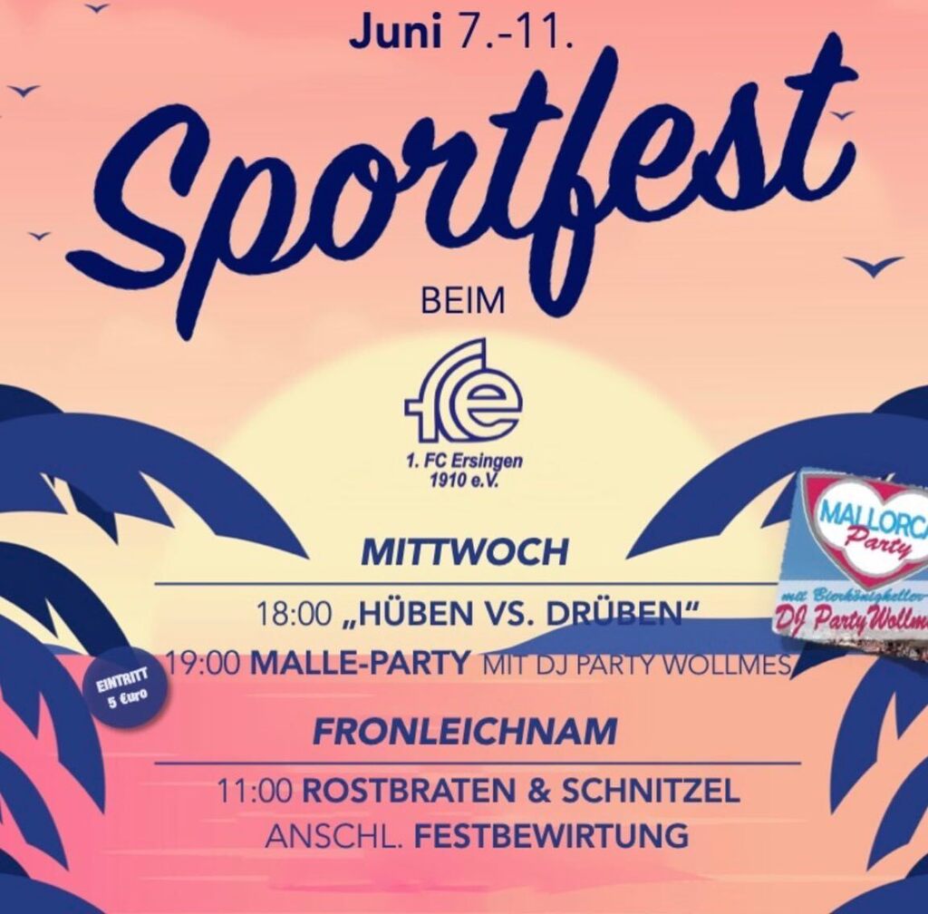 🔥SAVE THE DATE 🔥

In 3 Wochen ist es soweit! 
Vom 07. - 11. Juni findet unser legendäres Sportfest statt. 😍🚀 

Seid beim bunten Programm auf dem Kirchberg dabei!💪🏼

Wir freuen uns auf viele Gäste, tolles Wetter und gute Stimmung ☀️🎶⚽️ instagr.am/p/CsYYN2nsh7H/