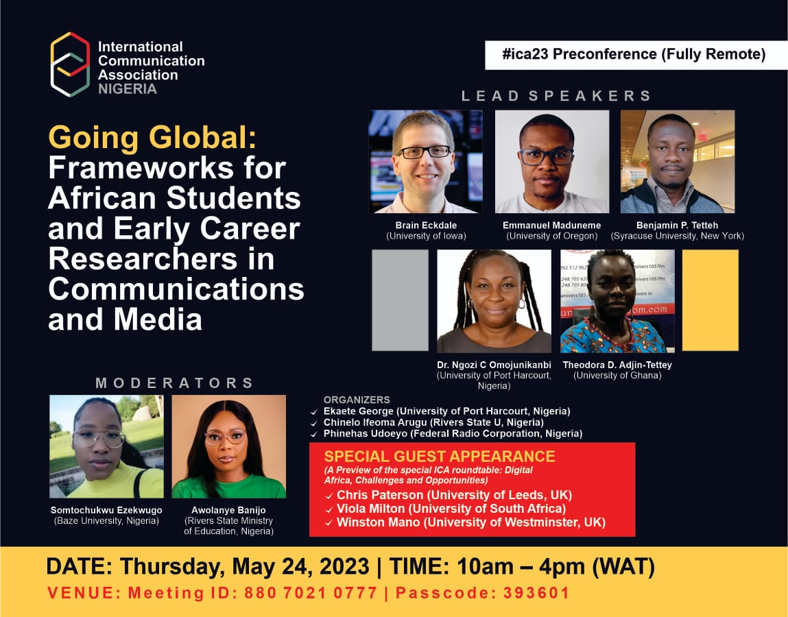 @icahdq #ica23 Port Harcourt Hub Attendees will also be attending the Going Global preconference. 

With an exciting array of speakers, we look forward to exploring ways to engage as African students & early career comms scholars. @icanigeriachp
@neloarugu @phinjudo4real
 Join us