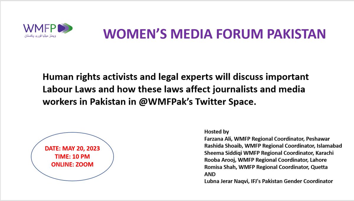 Join #WMFP's #TwitterSpace on #labourlaw #labourrights of #journalists on May 20 @ 10pm #womenjournalist #journalist #media #mediarights

@sheeema