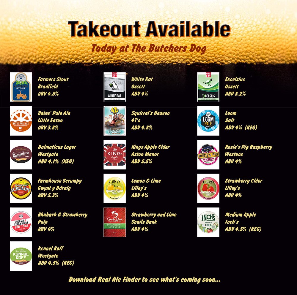 TheButchersDog (@thedogbutchers) on Twitter photo On the bar today!
Beer Board: bit.ly/3JdgEqk
#takeout <a href="/BradfieldBrew/">Bradfield Brewery</a> <a href="/ossettbrewery/">Ossett Brewery</a> <a href="/littleeatonbrew/">Little Eaton Brewery Co</a> <a href="/4tsbrewery/">4T's Brewery</a> <a href="/SaltBeerFactory/">SALT</a> #WestgateBrewery <a href="/astonmanorcider/">Aston Manor Cider</a> @WestonsCiderMil <a href="/Gwyntyddraig/">gwyntcider</a> <a href="/lilleyscider/">Lilley's Cider</a> <a href="/PulpCiderCo/">PULP Cider</a> <a href="/Snailsbankcider/">Snailsbank Cider</a>
#RealAleFinder On the bar today!
Beer Board: bit.ly/3JdgEqk
#takeout <a href="/BradfieldBrew/">Bradfield Brewery</a> <a href="/ossettbrewery/">Ossett Brewery</a> <a href="/littleeatonbrew/">Little Eaton Brewery Co</a> <a href="/4tsbrewery/">4T's Brewery</a> <a href="/SaltBeerFactory/">SALT</a> #WestgateBrewery <a href="/astonmanorcider/">Aston Manor Cider</a> @WestonsCiderMil <a href="/Gwyntyddraig/">gwyntcider</a> <a href="/lilleyscider/">Lilley's Cider</a> <a href="/PulpCiderCo/">PULP Cider</a> <a href="/Snailsbankcider/">Snailsbank Cider</a>
#RealAleFinder