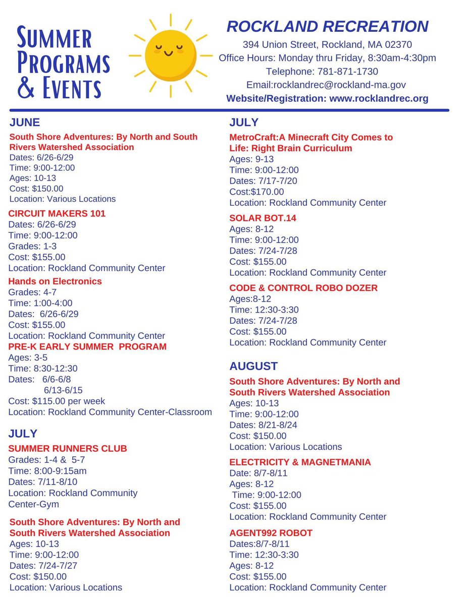 More Summer Programs! Register rocklandrec.org
