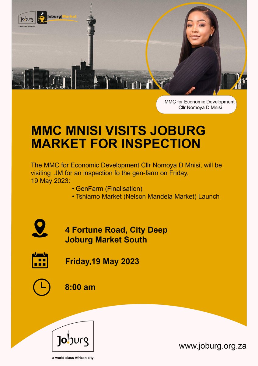 The MMC for Economic Development Cllr Nomoya Mnisi in the City of Joburg,will be visiting Joburg Market tomorrow for inspection of the Gen-Farm and the preparations for the launch of Tshiamo Market (formerly Mandela Market).<a href="/CityofJoburgZA/">City of Joburg</a>