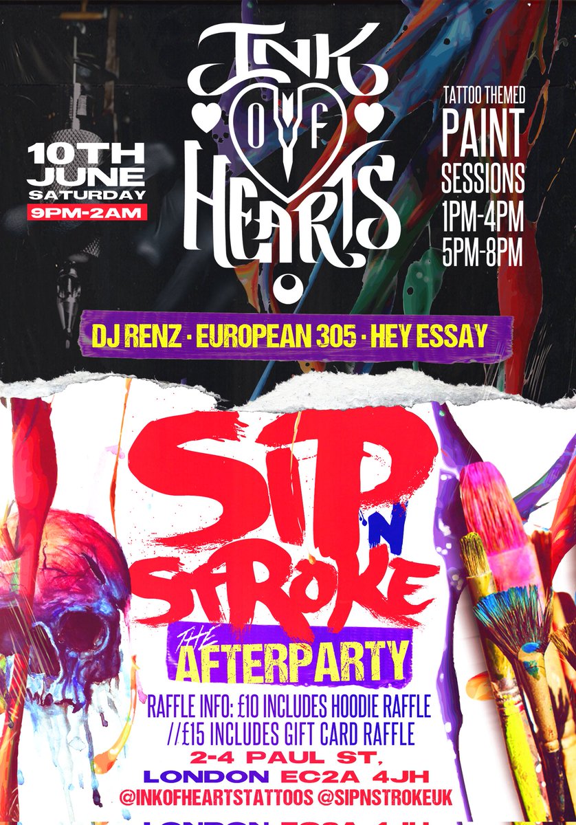 InkOfHearts's tweet photo. #IOH X #SIPNSTROKE ⚫️⚪️🔴

We are joining Sip N Stroke to bring you a unique Tattoo Themed #PaintParty &amp; #Afterparty full of #LiveMixes #Art &amp; vibes!

📅 Sat 10th June
📍 The Joiner on Worship
🎟 https://t.co/sPE0BGLf6U

DJ's 🎧
@Lorenzo_djRenz
@European305
@HeyEssay 

#IOHXSNS https://t.co/3ktyms41kS