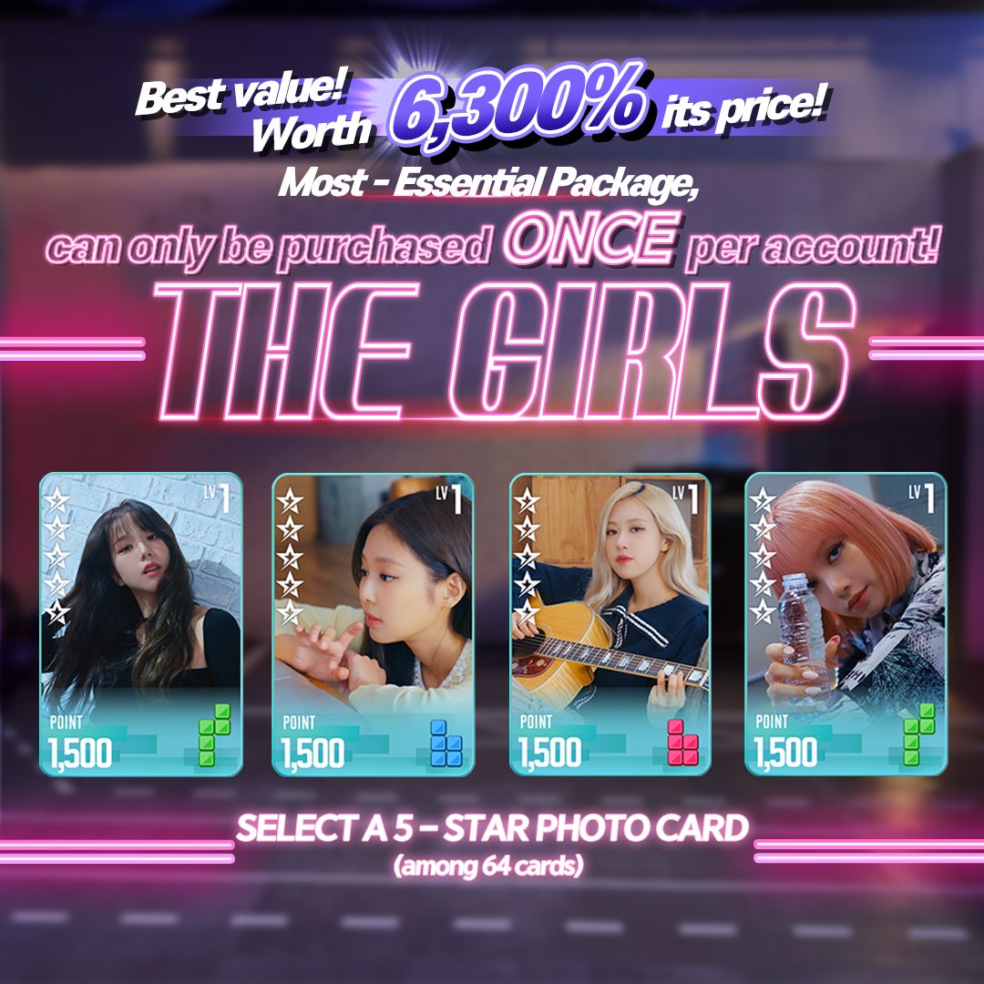 BPTG_OFFICIAL's tweet photo. [THE GIRLS Package]

Only purchasable once! 
The most essential package worth 6,300% of its price!
Pick a 5-star card of your choice!
1,010 Pink Diamonds, 20,000 Gold & 500 BP World Tickets!

<How to Purchase>
Progress to Chapter 1 Stage 9
to unlock BLACKPINK: THE GIRLS Package

>Notice<
- This package is only available for a week upon unlocking.
- Only a single package is purchasable per account.

More info > https://t.co/awjXzqhYDW

🎉 Free download
Google Play: https://t.co/iyZfxOr1SG
App Store: https://t.co/haZiStICL4

#BPTG #BLACKPINK #블랙핑크 #블랙핑크더게임
#blackpink_the_game #bptg_in_your_area