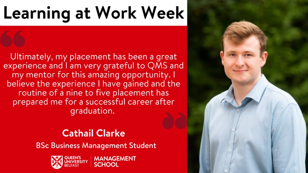 We are celebrating #LearningAtWorkWeek 👨‍💼💼

Cathail Clarke is a BSc Business Management student finishing his placement at QMS.

Today we highlight Cathail's journey, where he has developed skills such as website management and graphic design.

Read more: ow.ly/l1Xg50OqTeh