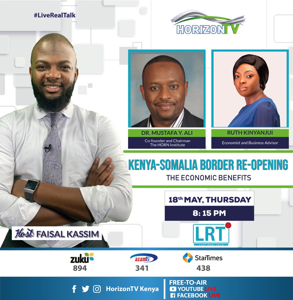 JamiaTvKenya's tweet photo. Tune in at 8.15pm for insightful discussion on the reopening of the Kenya-Somalia border. As we evaluate the impact on both countries.Our guests are Economist & Investments advisor Ruth Kinyanjui @myshey1 & Dr.Mustafa Ali, Co-founder & Chairman The HORN Institute.#LiveRealTalk https://t.co/sPYM87fCZU