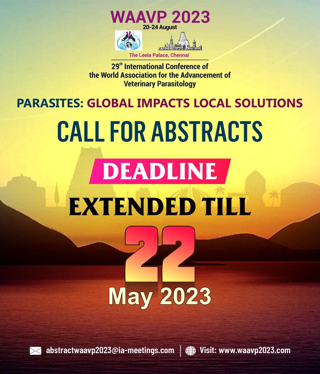 Attention veterinarians and parasitologists! Abstract submission for the 29th International Conference of the World Association for the Advancement of Veterinary Parasitology has been extended till 22nd May 2023. Submit your abstract now: waavp2023.com #WAAVP2023