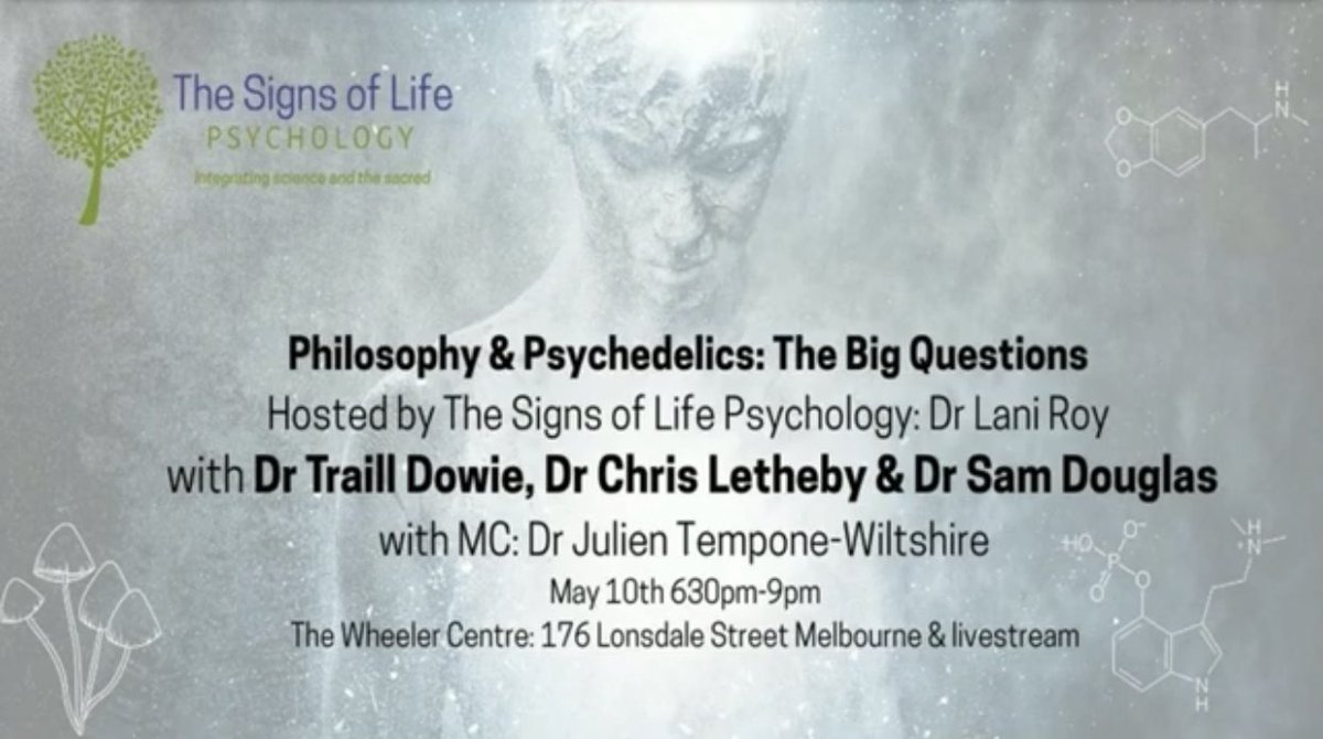 Signs0fLife's tweet image. Thank you to Dr Traill Dowie, Dr Sam Douglas, Dr Chris Letheby and Dr Julien Tempone-Whiltshire!

Philosophy &amp;amp; Psychedelics: The Big Questions. 
youtu.be/TB9F63QavYY

For those who would like to donate we will split amongst the panel members 🙏 

lnkd.in/g7VTFqFi