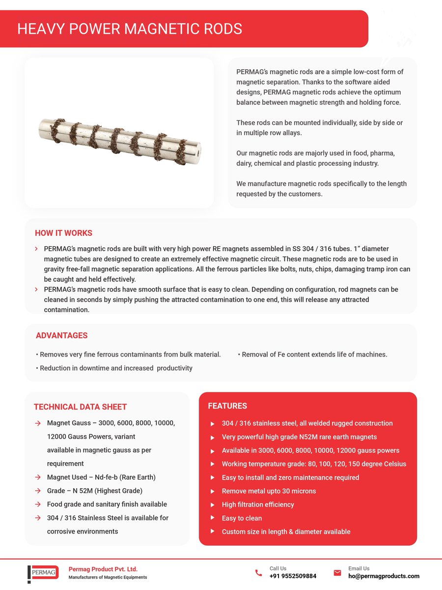 PermagP's tweet photo. Permag is a worldwide leader in the design & manufacturing of high-performance magnetic equipment. Magnetic rods from PERMAG are a simple and inexpensive method of magnetic separation.
https://t.co/SdxevuqL4w
#magneticrods #magneticequipmentmanufacturer #permag https://t.co/DfBob5bgrz