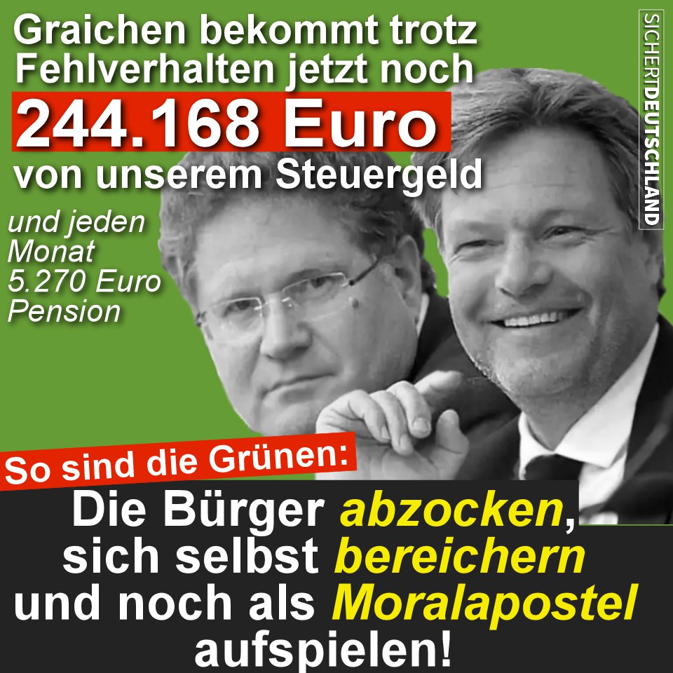 Bis einschließl. August erhält #Graichen weiter volles Gehalt: 15.074 €/Monat. 
Ab Oktober erhält er ein Jahr 71% davon: 10.816 €/Monat 
Danach hat er Pensionsansprüche von mind. 5.270 €/Monat.
 
Danke für die Wärmepumpen & die Versorgung der ganzen Sippschaft mit Steuergeld!