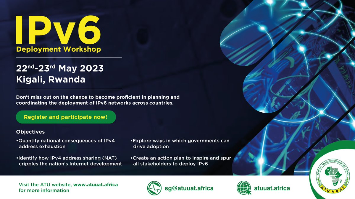 atu_uat's tweet photo. Join us on 22nd to 23rd May for the Workshop on IPv6 Deployment organized by @AFRINIC  &amp; @atu_uat. Acquire the skills to implement IPv6 effectively and stay ahead of technology. Click https://t.co/kJ15cJXz8C to register! @ITU @SADC_News @ecowas_cedeao @RURA_RWANDA @_AfricanUnion https://t.co/LhIel0Wug6