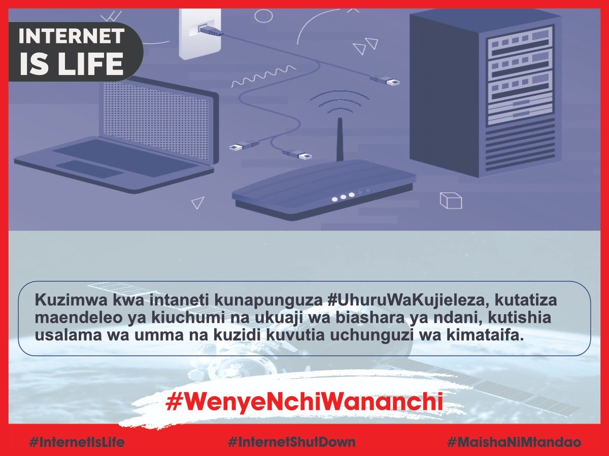 Kuzimwa kwa intaneti kunapunguza #UhuruWaKujieleza, kutatiza maendeleo ya kiuchumi na ukuaji wa biashara ya ndani, kutishia usalama wa umma na kuzidi kuvutia uchunguzi wa kimataifa.  #InternetIsLife #MaishaNiMtandao #InternetShutDown