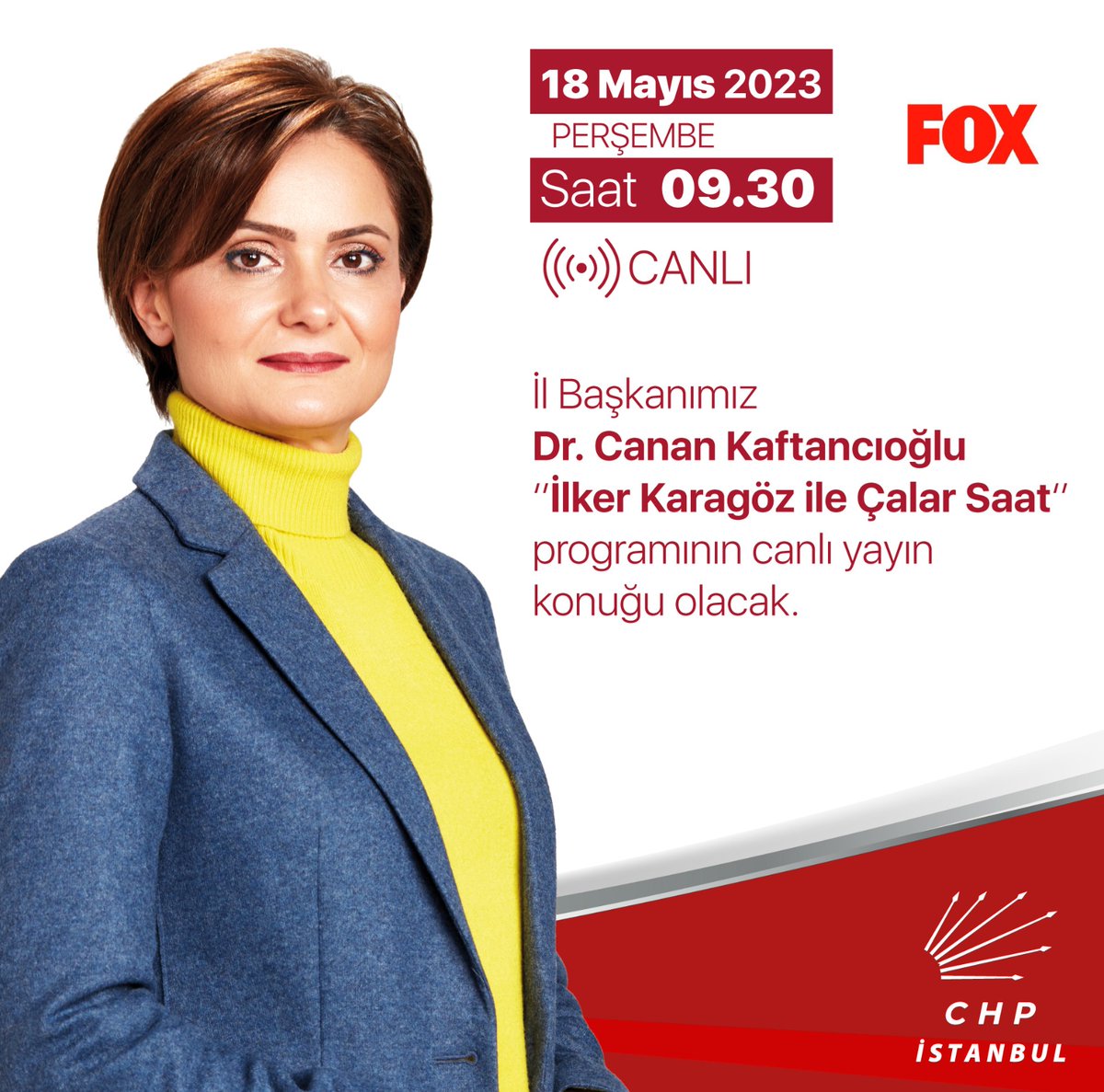 İl Başkanımız Dr. Canan Kaftancıoğlu; şu an'da Fox TV'de yayınlanan 'İlker Karagöz ile Çalar Saat'' programının canlı yayın konuğu. 
@Canan_Kaftanci 
#Foxtv #FoxHaber #Habertürktv #Cnntürk
#Ntv #Trthaber #Trt #HalkTV
#Gayrettepe #Marmararay
#Metrobüs #Mecidiyeköy
#ManCity #Ankara