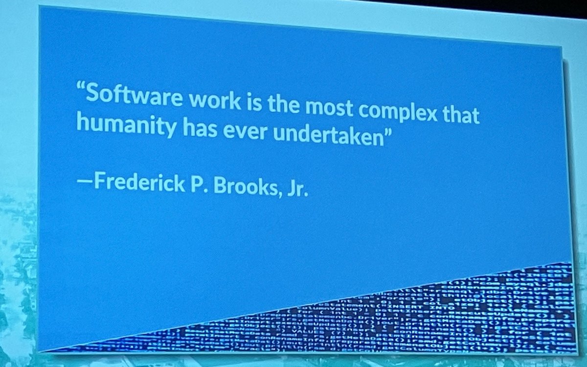 In her SIGSOFT Outstanding Researcher Award talk <a href="/gail_murphy/">gail_murphy</a> starts with this quote from Fred Brooks. 

She continues: while we can debate whether this is absolutely true, we do know that “building software is pretty darn hard”

#ICSE2023 <a href="/ICSEconf/">ICSE</a>