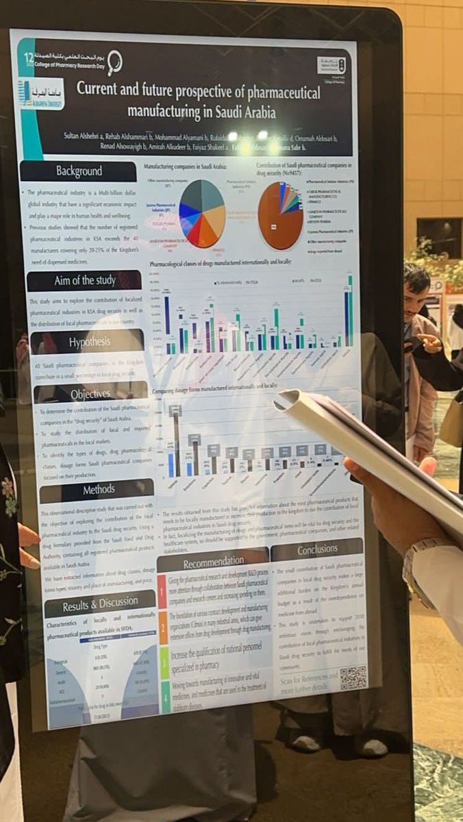 AlMaarefa's tweet photo. طالبتا كلية الصيدلة في #جامعة_المعرفة فاطمة الدوسري وجمانا صبر بإشراف المحاضرة رحاب الشمري و د. سلطان الشهري تحققان المركز الخامس -بفارق ضئيل عن المركز الأول فرضه حدة المنافسة- في مسابقة يوم البحث العلمي في جامعة الملك سعود 12،كلية الصيدلة، بمشاركة جمع من طلبة كليات الصيدلة في الجامعات السعودية.
@KSU_COPRD
#COPRD12
#Almaarefa