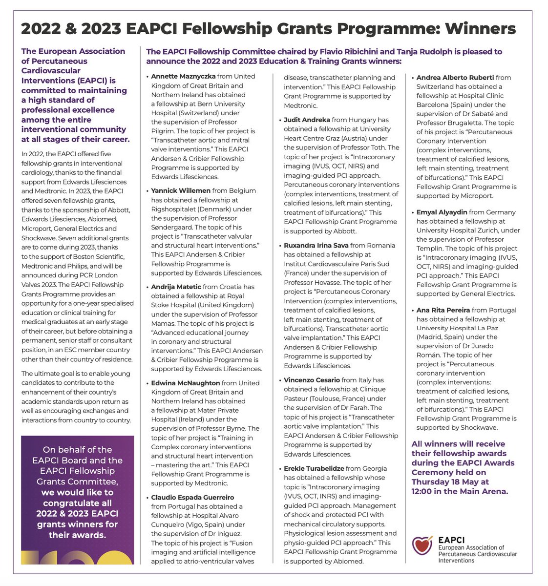 🚨Get ready for the #EAPCI Grant Winners Cermony
at #EuroPCR 2023
🗓️TODAY at 12:00-12:10
🏙️Main Hall

#JoinUs #BePartOfTheHeart