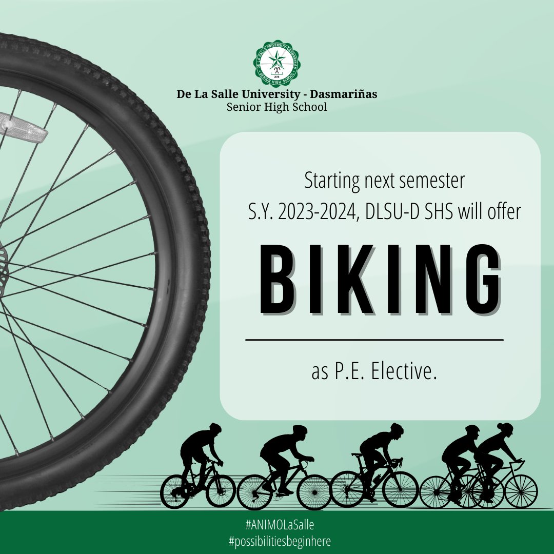 DLSUDHighSchool's tweet photo. As part of our commitment to sustainability, starting S.Y. 2023-2024, DLSU-D SHS takes a pedal forward by introducing 𝐁𝐈𝐊𝐈𝐍𝐆 as a thrilling P.E. elective for the adventurous souls and promoting sustainable transportation among our students!

#PossibilitiesBeginHere https://t.co/bEfS8hCZBw