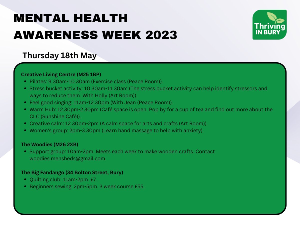 For #MentalHealthAwarenessWeek we're shining a light on local groups in Bury that can offer face-to-face or online support for those struggling with their mental health.
 
See the image below for today's regular groups and one-off events. #MHAW2023

@CreativeLivingC @big_fandango