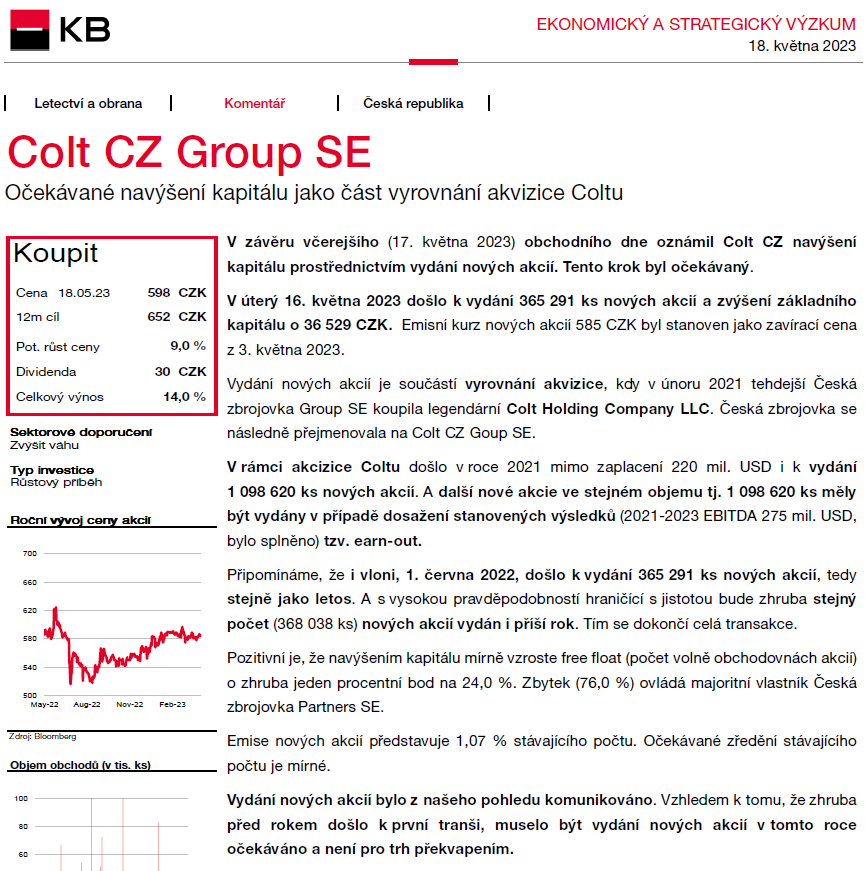 BobTrampota's tweet photo. Colt CZ podle očekávání vydal nové akcie jako součást vyrovnání akvizice (earn-out) Coltu v 2021. Zředění asi 1 % stávajícího počtu. První tranše již loni, letos stejná, poslední (stejná) příští rok. Mírný růst Free Float na 24 %. #KBreport 👉 https://t.co/HbuQ5FXiBS ✍️ @komercka https://t.co/KgdyDbyIvh