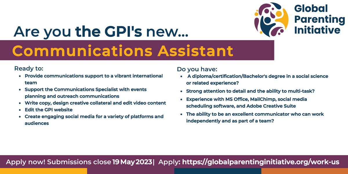 GPI_Parenting's tweet photo. 📣🗓️Tomorrow (19 May) is the last day to apply for the GPI’s Communications Assistant position! Come work with an international team of #ParentingProgramme specialists.
➡️More details & how to apply:
➡️https://t.co/P2JHcAXcdH
#CommunicationsJobs #SocialMediaJobs #JobOpportunity https://t.co/q752bKWXiw