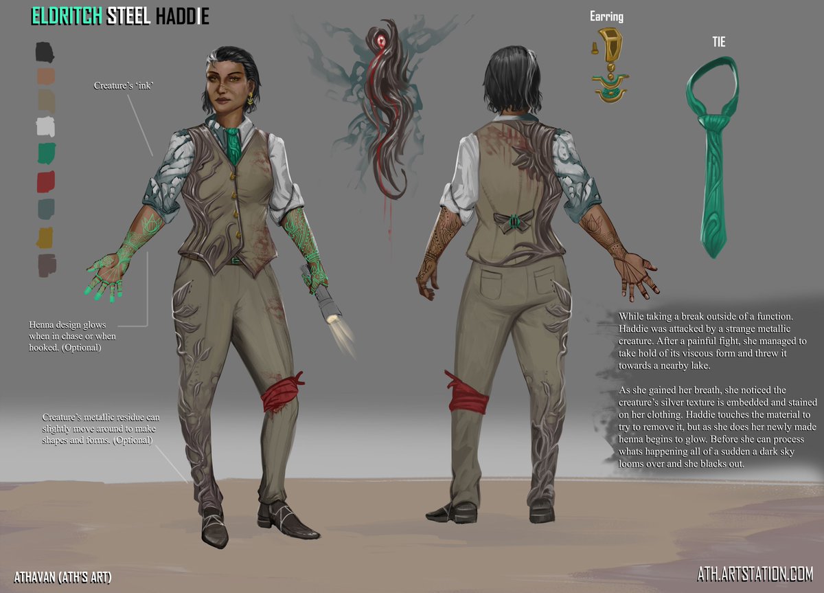 Aths_Art's tweet image. I always wanted to try something for the DBD art contest!
Here is my submission and take on a Haddie cosmetic.
"Eldritch Steel Haddie" is inspired by henna and alien metals. Looking forward to seeing all the art and ideas from everyone!
#DeadbyDaylight #HaddieKaur #conceptart