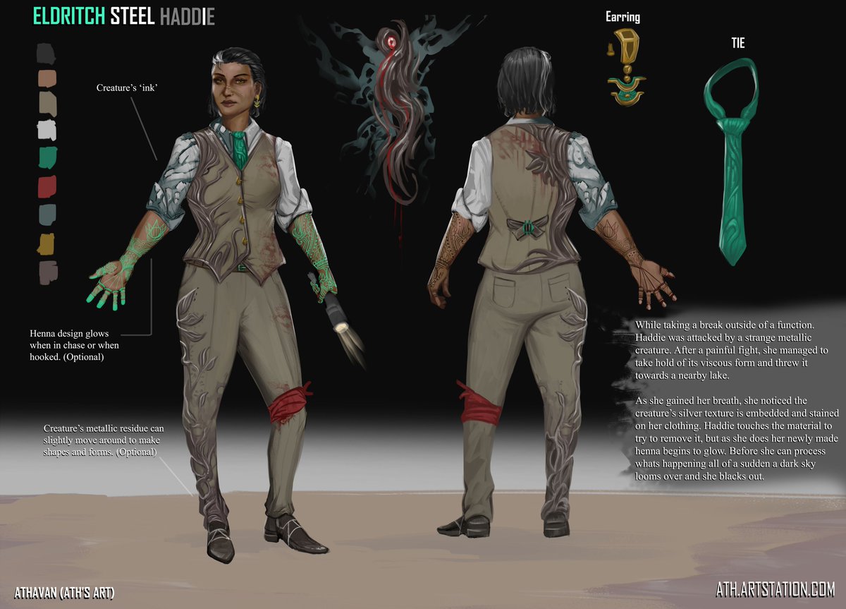 Aths_Art's tweet image. I always wanted to try something for the DBD art contest!
Here is my submission and take on a Haddie cosmetic.
"Eldritch Steel Haddie" is inspired by henna and alien metals. Looking forward to seeing all the art and ideas from everyone!
#DeadbyDaylight #HaddieKaur #conceptart