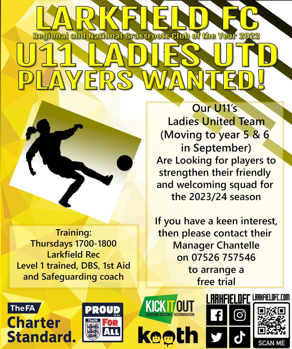 𝑷𝑳𝑨𝒀𝑬𝑹𝑺 𝑾𝑨𝑵𝑻𝑬𝑫!

Our U11 Ladies Utd team (2023/24) are looking for players to complete their squad as they prepare to join the league this season.

Interested? all information &amp; contact details are on the poster - Chantelle would love to chat with you 🟡⚫️