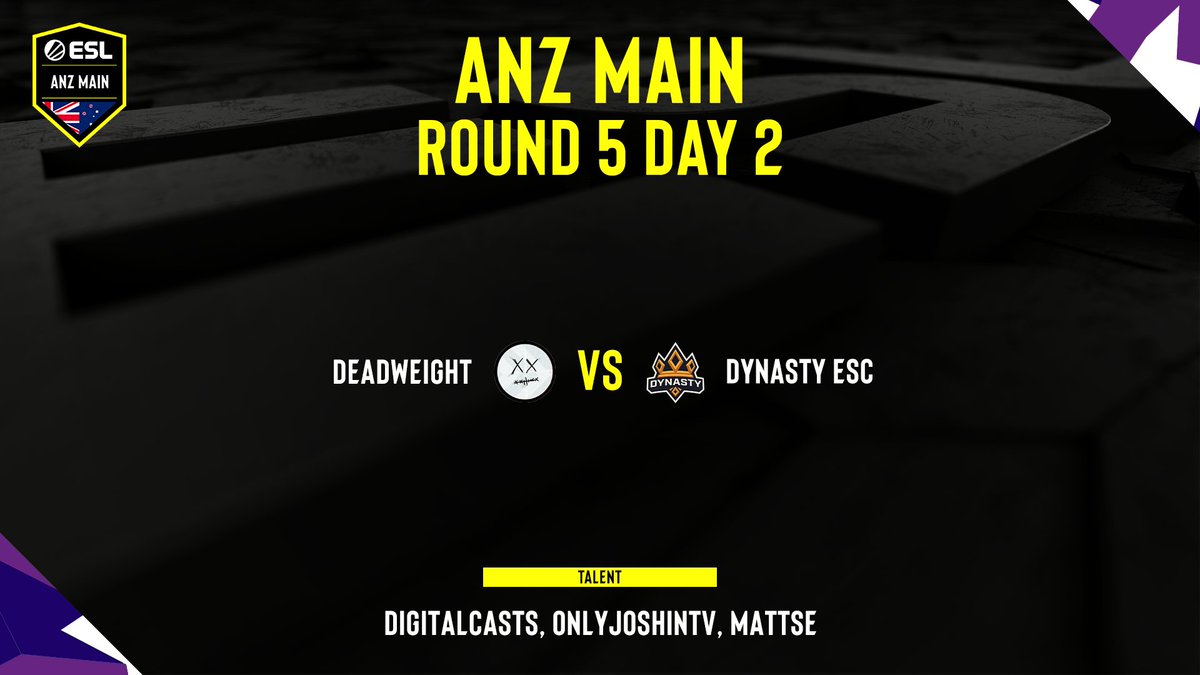 ESL Australia (@eslaustralia) on Twitter photo Tonight's show is a shorter affair, but no less important! ๐ค
After all, tonight we'll find our final #ANZMain Champion Stage team! ๐ฅ
<a href="/DeadWeightOCE/">Dead Weight</a> ๐ <a href="/DynastyESC/">Dynasty Esports Club</a>
๐๏ธ <a href="/digitalcasts/">Digital</a>, <a href="/OnlyJoshinTV/">OnlyJoshinTV</a> + ๐ฎ <a href="/Mattse123/">MattSe</a>
๐ด 6PM AEST / 4PM AWST / 8PM NZST
๐บ twitch.tv/esl_australia Tonight's show is a shorter affair, but no less important! ๐ค
After all, tonight we'll find our final #ANZMain Champion Stage team! ๐ฅ
<a href="/DeadWeightOCE/">Dead Weight</a> ๐ <a href="/DynastyESC/">Dynasty Esports Club</a>
๐๏ธ <a href="/digitalcasts/">Digital</a>, <a href="/OnlyJoshinTV/">OnlyJoshinTV</a> + ๐ฎ <a href="/Mattse123/">MattSe</a>
๐ด 6PM AEST / 4PM AWST / 8PM NZST
๐บ twitch.tv/esl_australia
