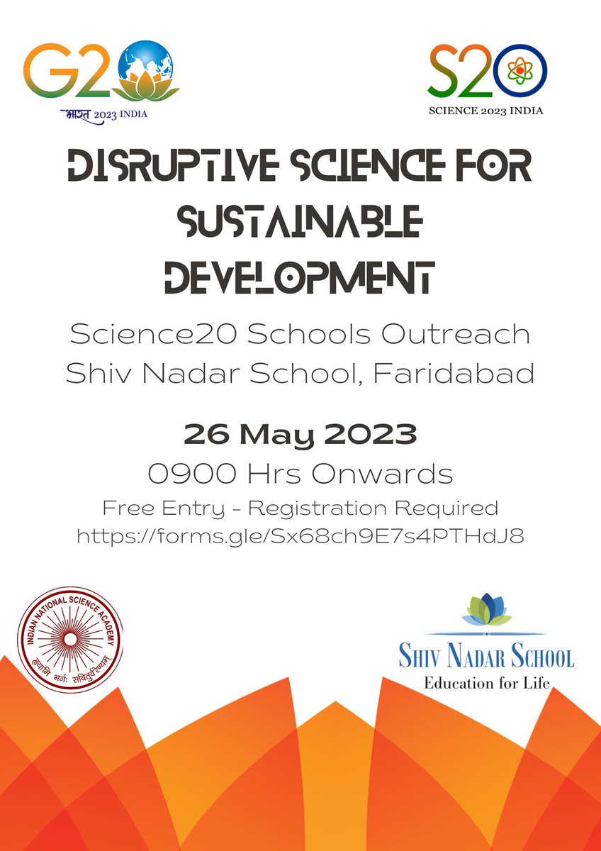 insa_academy's tweet photo. We are delighted to announce the #Science20 Schools Outreach on 26 May 2023 @ShivNadarSchool, Faridabad. To Join us, register here: https://t.co/QAFjWP4ASY
@amitabhk87 @Ashutos61 @g20org @G20_Bharat @IndiaDST @PrinSciAdvOff https://t.co/Vs5AtURRAy