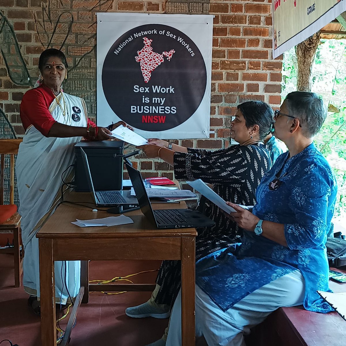 Board Election Day!

Our Board consists of 12 SWs,
3 seats reserved for a trans SW, a male SW, &amp; a PLHIV SW.

(In frame) Members submit nominations to our Election Officer Laxmi Murthy + <a href="/SanghSaheli/">Saheli Sangh</a> supporter <a href="/TSevekari/">Tejaswi Sevekari</a>.

Proud to be a democratic, representative, SW-led Network!