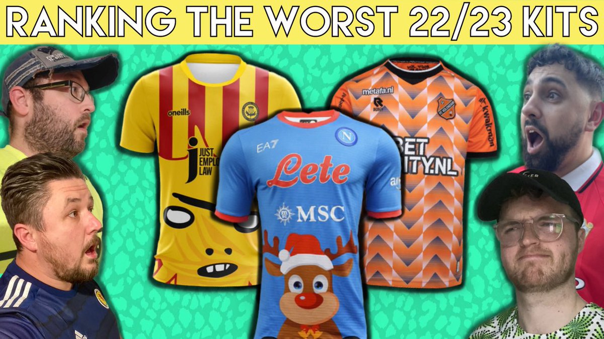 TalkingKit's tweet photo. 🚨 NEW VIDEO 🚨
We had @DoubleAFutebol, @jakesshirts, @JaxonsJerseys & @fitbawshirts in the #RankBank ranking the worst shirts of 22/23!
Another great #FullKitRankers episode for you to enjoy.
Like, subscribe & share with your kit loving friends!
https://t.co/q3yhfD6nhd https://t.co/x7SwcsGiwU