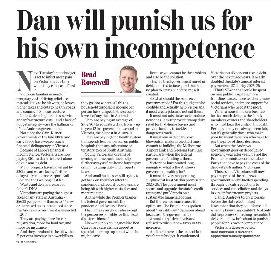 Next Tuesday's Victorian state budget is set to inflict more pain on Victorians at a time when they can least afford it.

See my op-ed in today’s Herald Sun #springst