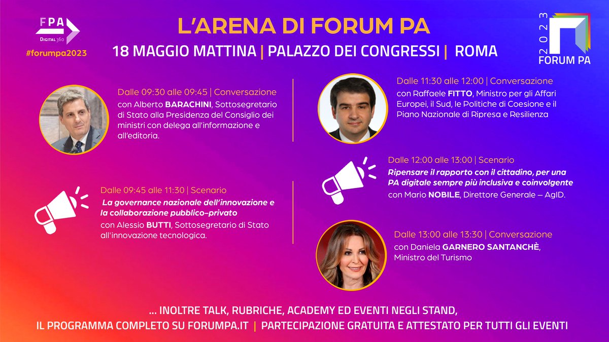 L’ultimo giorno di #forumpa2023 sta per cominciare.

Pochi minuti e daremo inizio alla giornata conclusiva di FORUM PA 2023 dedicata a #PNRR e politiche di #coesione, due strumenti per abilitare un nuovo rapporto tra #PA, cittadini e imprese.

Qui 👉 bit.ly/3IJsgTZ